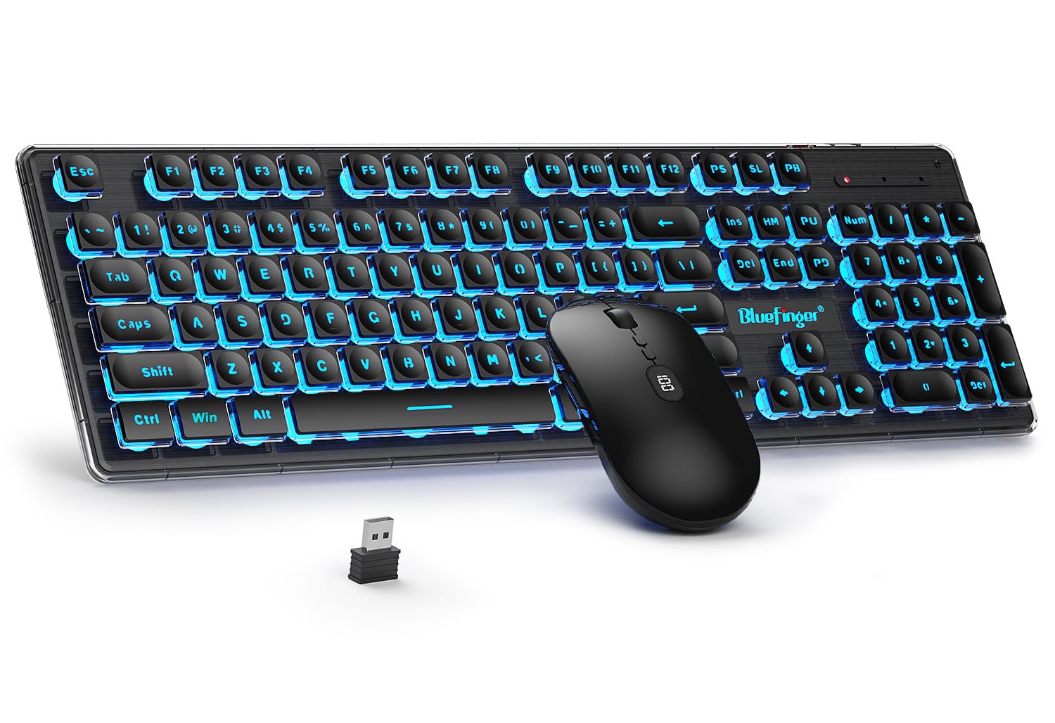 Bluefinger Wireless Keyboard And Mouse With Power Display, Blacklit Rechargeable Full Sized Silent Light Up Gaming Keyboard Mous